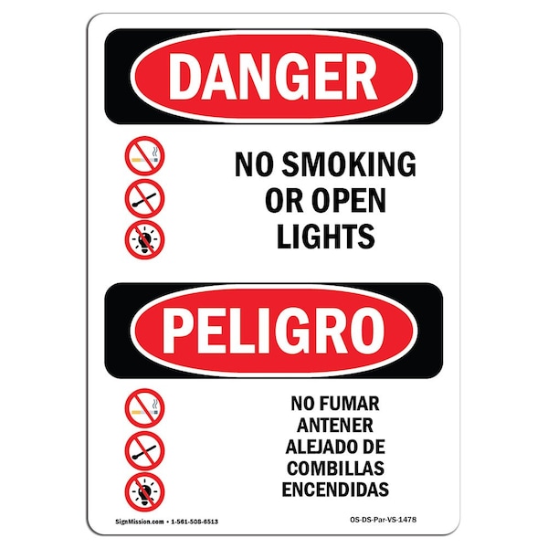 OSHA Sign, No Smoking Or Open Lights Bilingual, 24in X 18in Rigid Plastic, 18" W, 24" L, Spanish